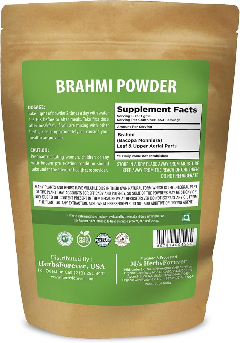 HerbsForever Brahmi Powder - Bacopa Monnieri for Enhanced Focus and Memory - 454 GMS - Image 2